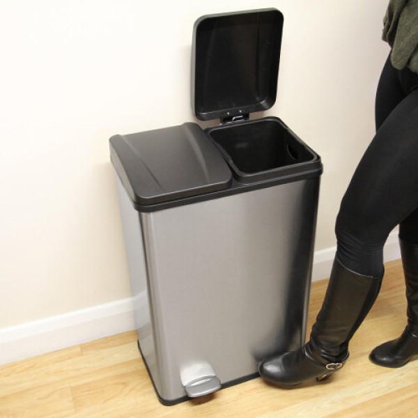 (Silver) Large Double Foot Pedal Trash Bin 60L Dual Waste Recycling Bin